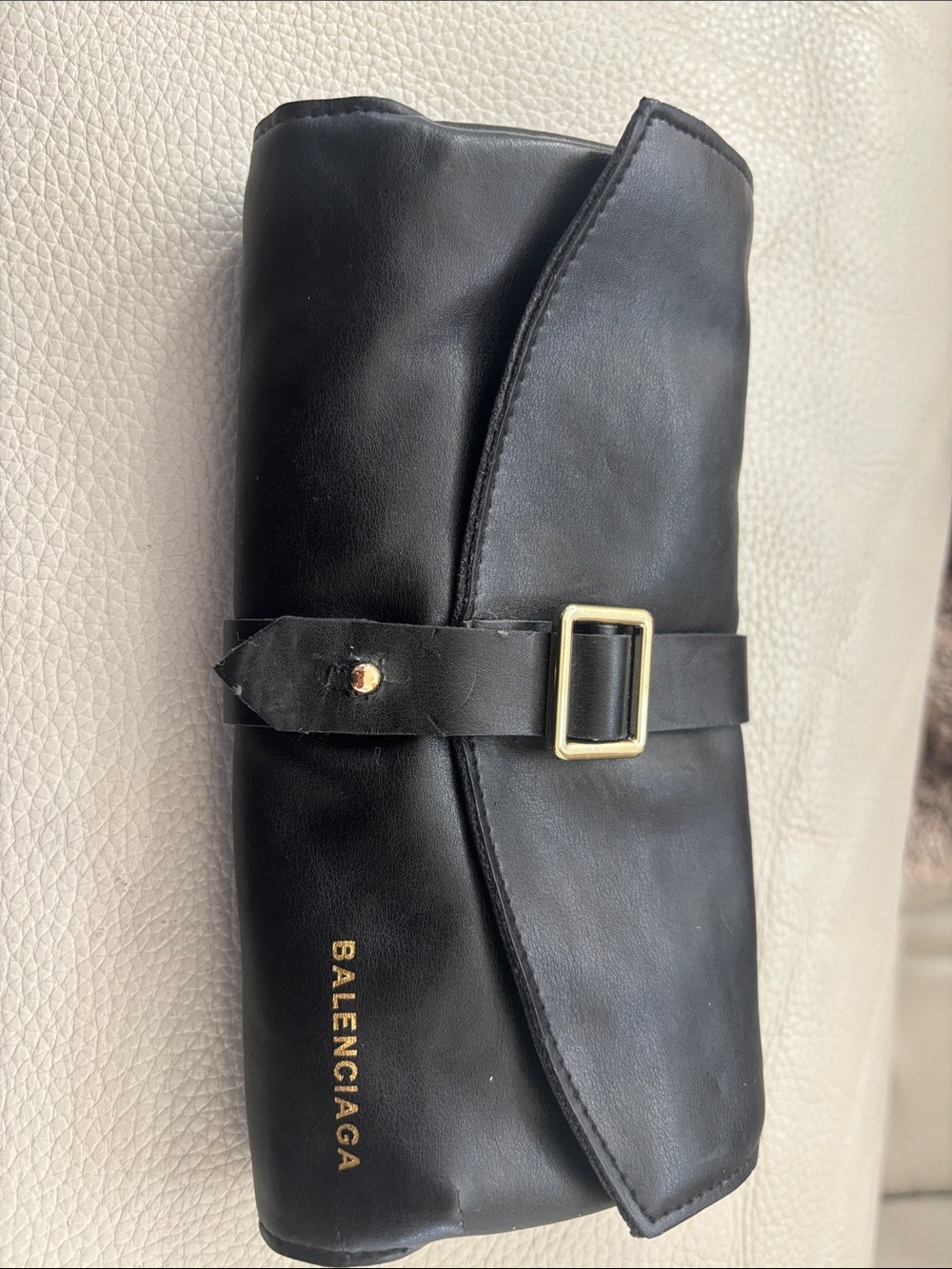 Balenciaga faux Black Leather Roll Pouch with Gold Buckle Accent